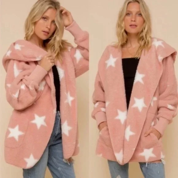 017 Cozy Star Print Teddy oversized hoodie Jacket - Picture 2 of 11